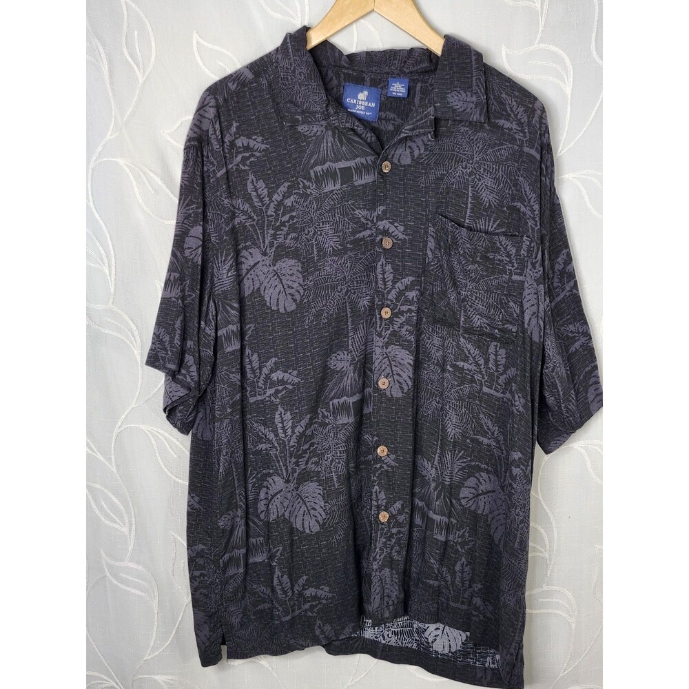 Caribbean Mens Large Black Hawaiian Shirt Leaf Print Button Down Tropical